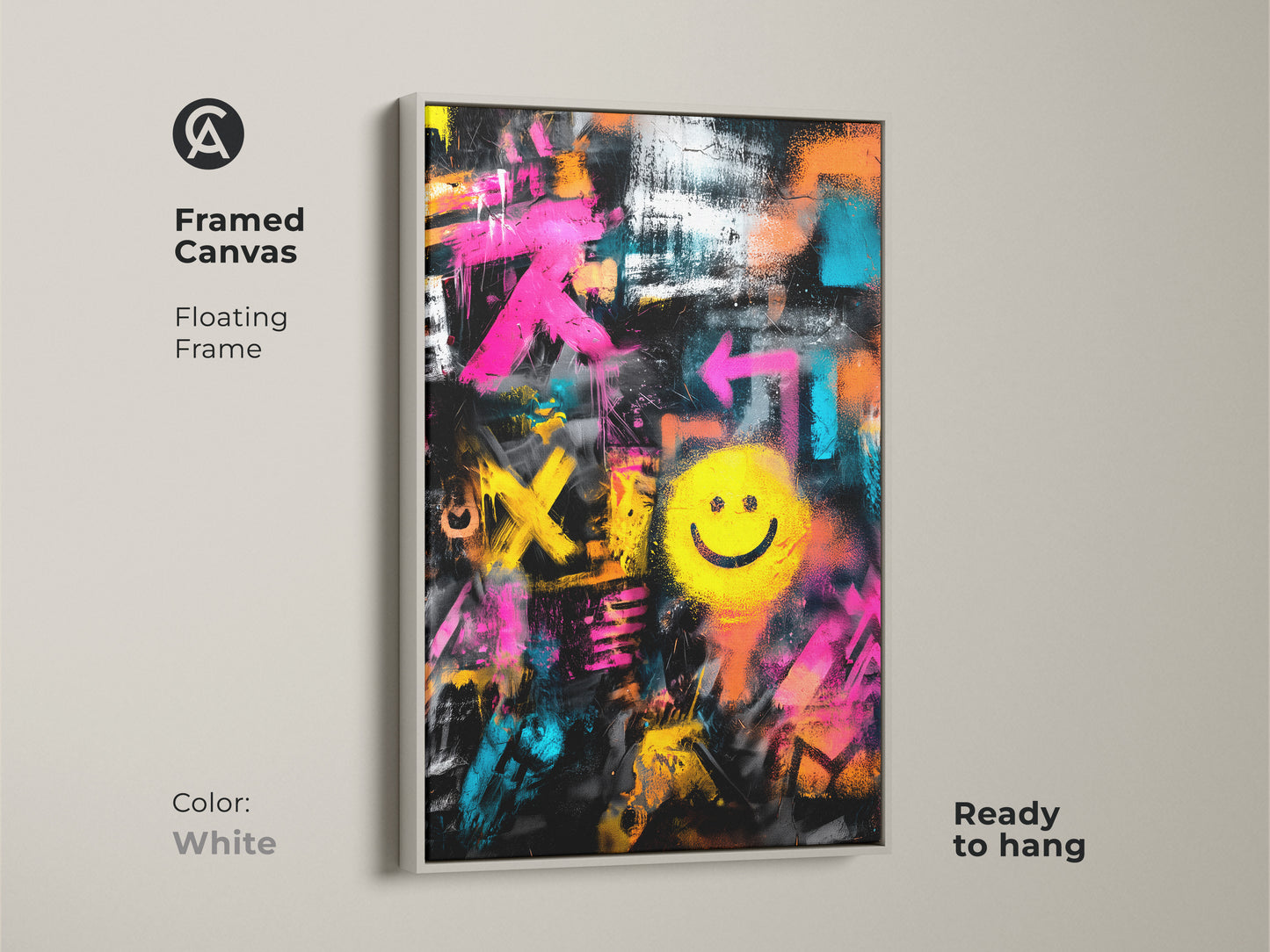 Framed Canvas with Floating Frame in White Color. Graffiti art featuring a bright yellow smiley face. This artwork is ready to hang. It adds an urban touch to any room or office space.