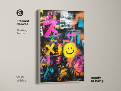 Framed Canvas with Floating Frame in White Color. Graffiti art featuring a bright yellow smiley face. This artwork is ready to hang. It adds an urban touch to any room or office space.