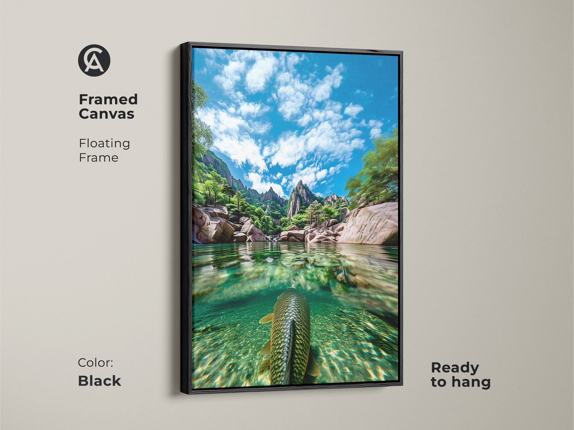 Framed canvas featuring realistic nature photography and underwater fish artwork. The floating frame enhances the blue green landscape. Ready to hang this art brings a serene water scene to your home. The clear water art is great for fishing lovers and adventure seekers.