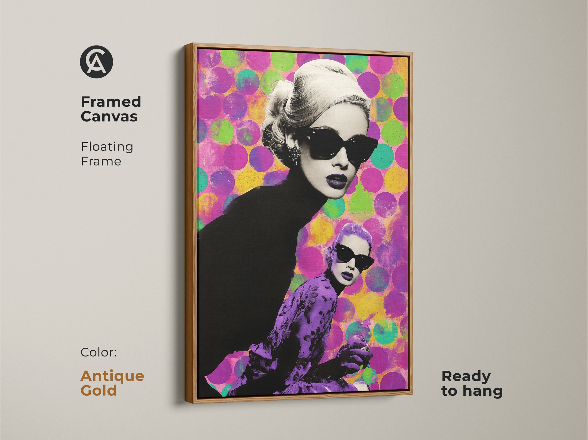Framed canvas art with an antique gold floating frame. The fashionista wall art features a woman in sunglasses. This statement eclectic decor is ready to hang. It adds a retro glam home gift to any room.