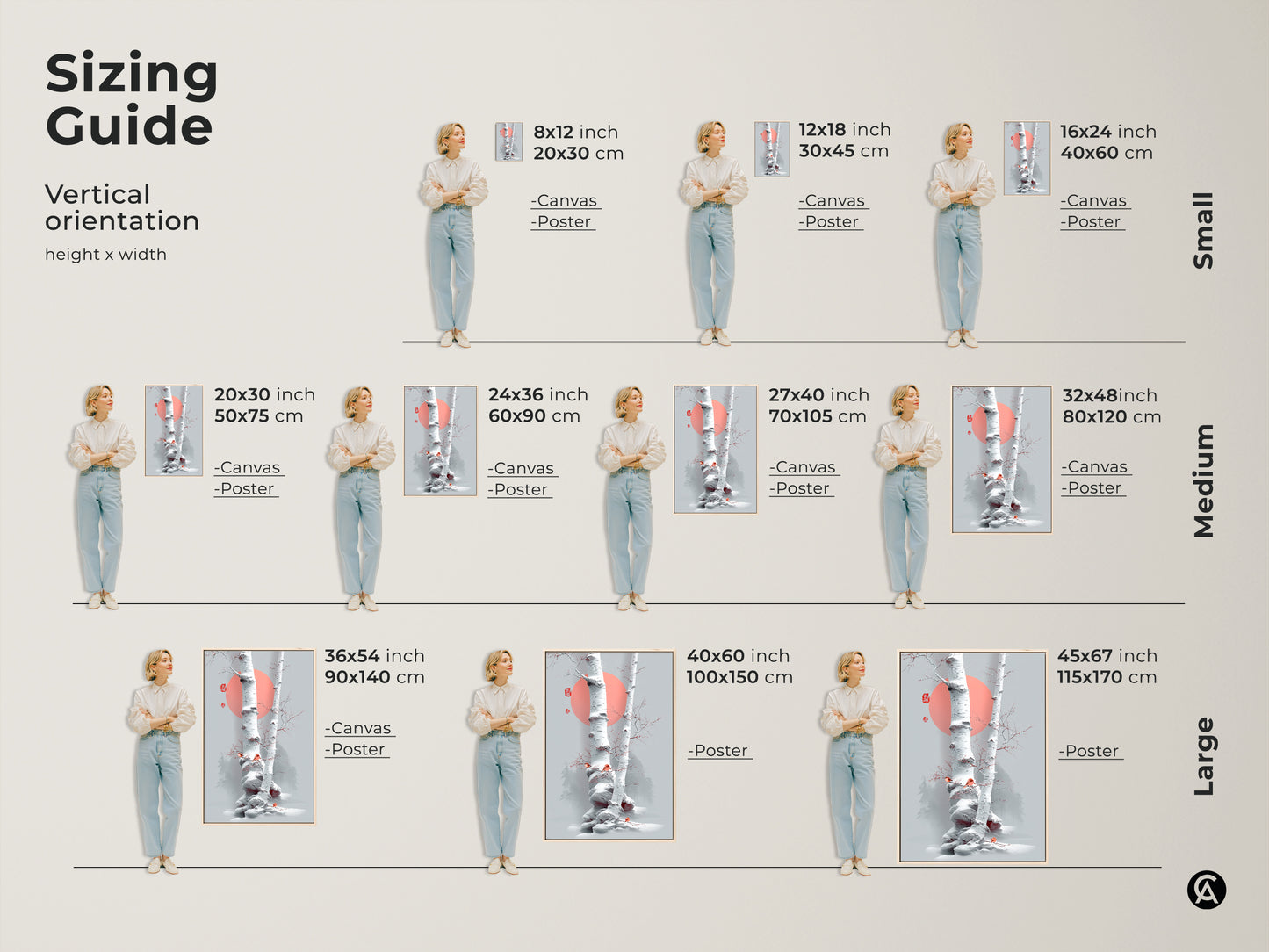 Sizing guide for vertical artwork orientation. The minimalist birch tree art is available in sizes from small to large. It will fit for canvas or poster material. Find the perfect fit for your home decor vision.
