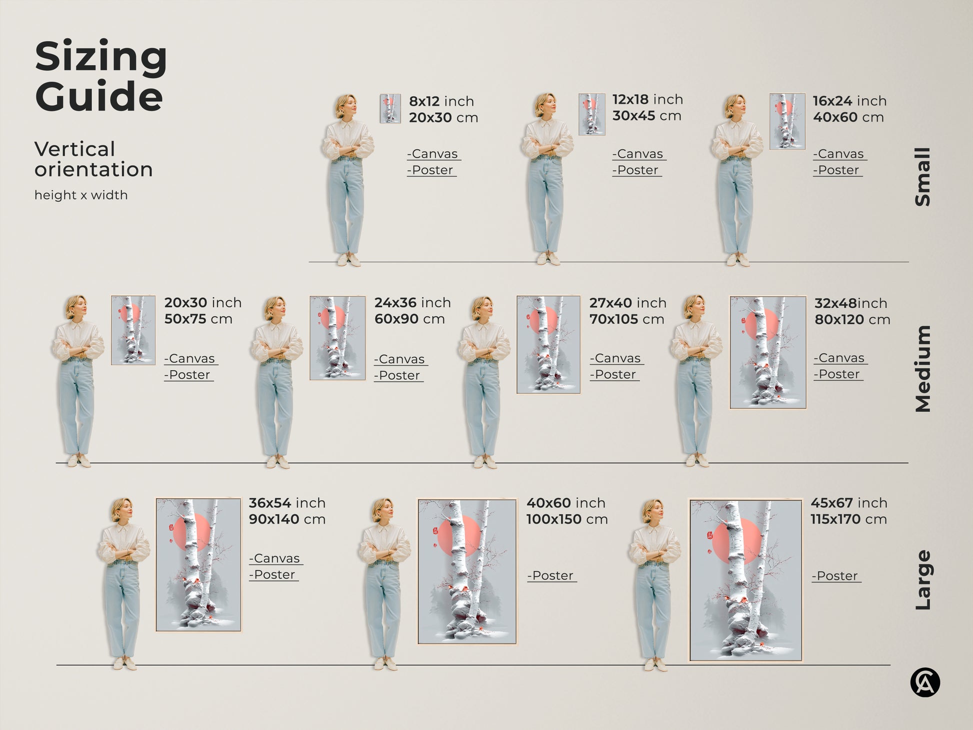 Sizing guide for vertical artwork orientation. The minimalist birch tree art is available in sizes from small to large. It will fit for canvas or poster material. Find the perfect fit for your home decor vision.