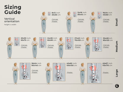 Sizing guide for vertical artwork orientation. The minimalist birch tree art is available in sizes from small to large. It will fit for canvas or poster material. Find the perfect fit for your home decor vision.