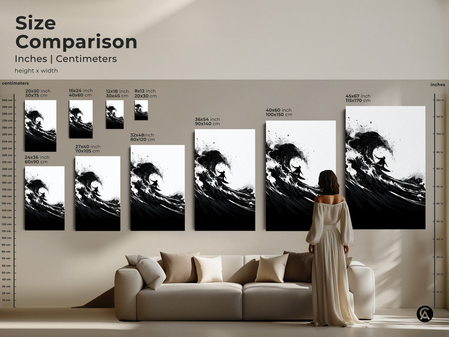Size comparison of abstract ocean wave art prints. See how the black and white canvas art looks above a sofa. Various sizes are available to suit your coastal living room.