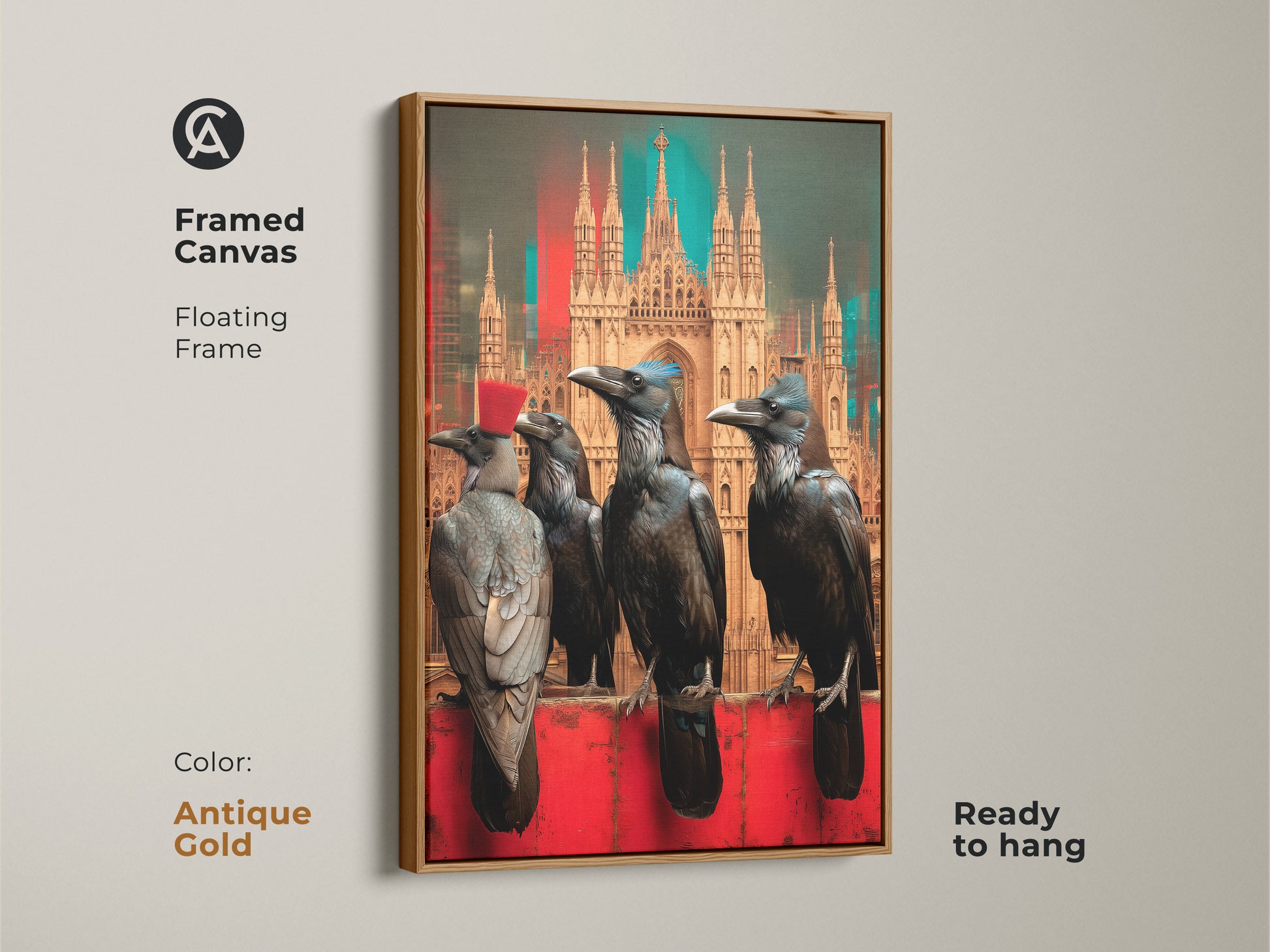 Eclectic gothic home artwork showcases gothic crows and a cityscape with an antique gold floating frame. Ready to hang this unique gift is perfect for collectors. Its surrealism print style adds a touch of dark academia wall decor to any living room or study.