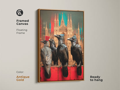 Eclectic gothic home artwork showcases gothic crows and a cityscape with an antique gold floating frame. Ready to hang this unique gift is perfect for collectors. Its surrealism print style adds a touch of dark academia wall decor to any living room or study.