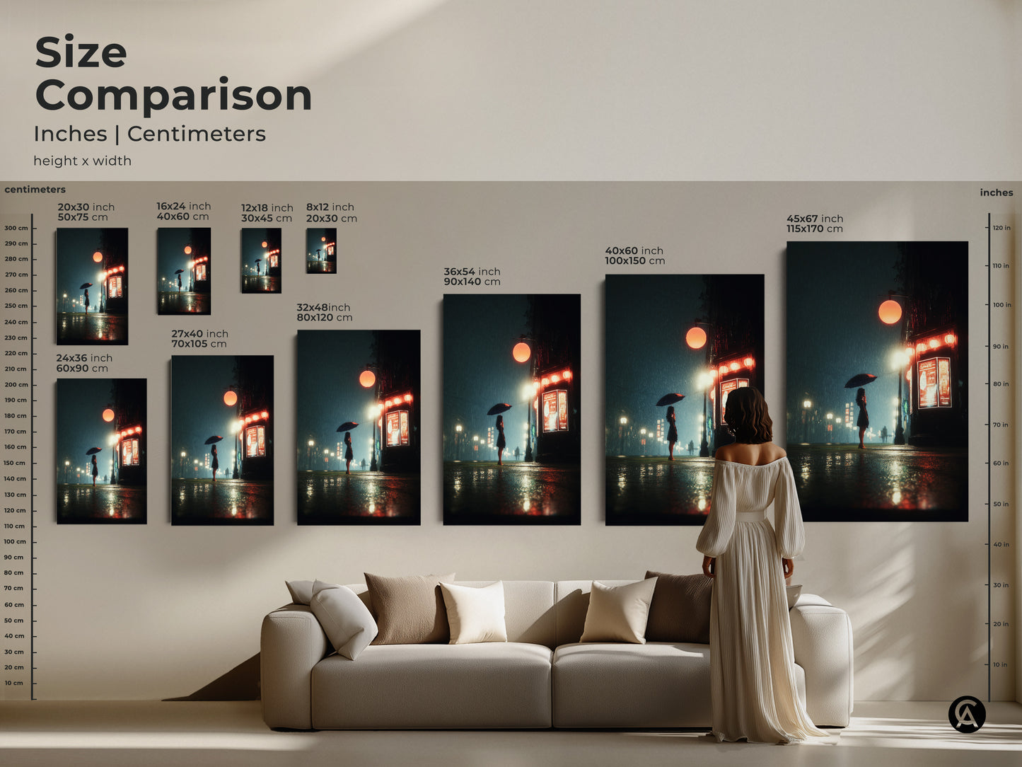 Size comparison of the rainy night cityscape artwork. See how different sizes fit above a couch. Available in inches and centimeters. The contemporary art features a woman with an umbrella. Perfect for visualizing in your home.