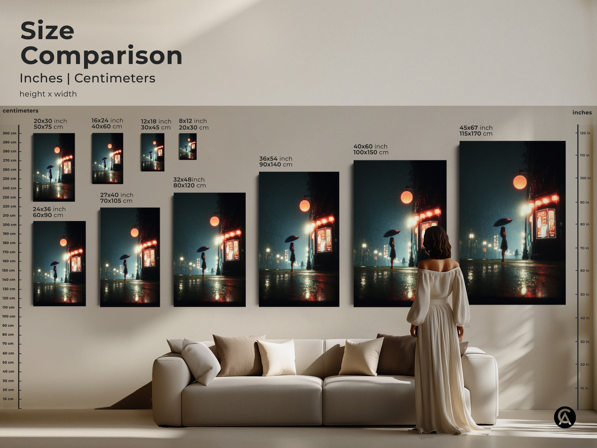 Size comparison of the rainy night cityscape artwork. See how different sizes fit above a couch. Available in inches and centimeters. The contemporary art features a woman with an umbrella. Perfect for visualizing in your home.