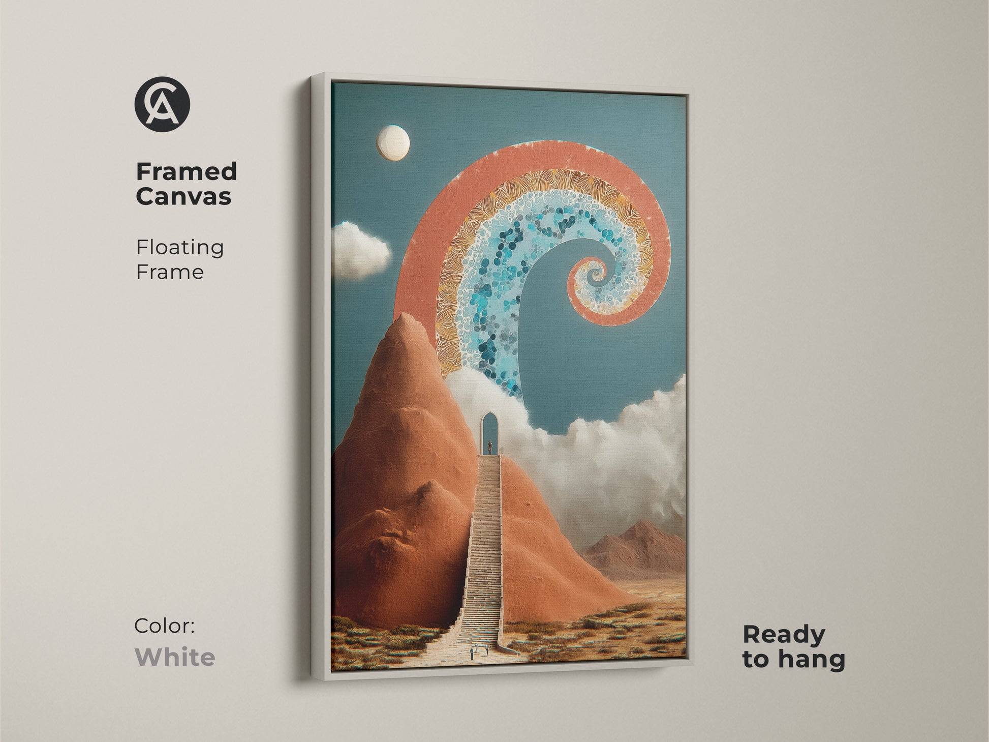 Framed Canvas print in White featuring a surreal stairway to an archway. The abstract spiral art in terracotta and deep blue. Ready to hang this adds a spiritual touch to any space. The perfect Eclectic art for your office landscape canvas.