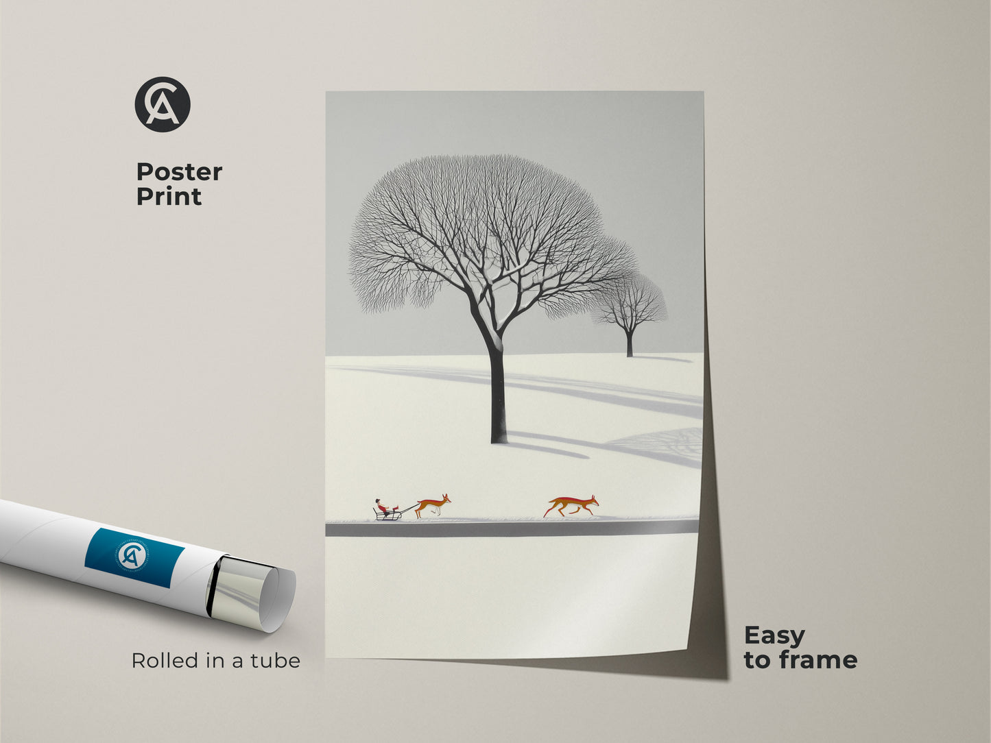 Poster print of a minimalist winter landscape wall art. This artwork features deer pulling a sleigh. The Scandinavian nature artwork is cozy bedroom wall decor. A Christmas gift for nature lovers.  The winter scene art print has a flat design. This snow landscape canvas uses Nordic style home decor.