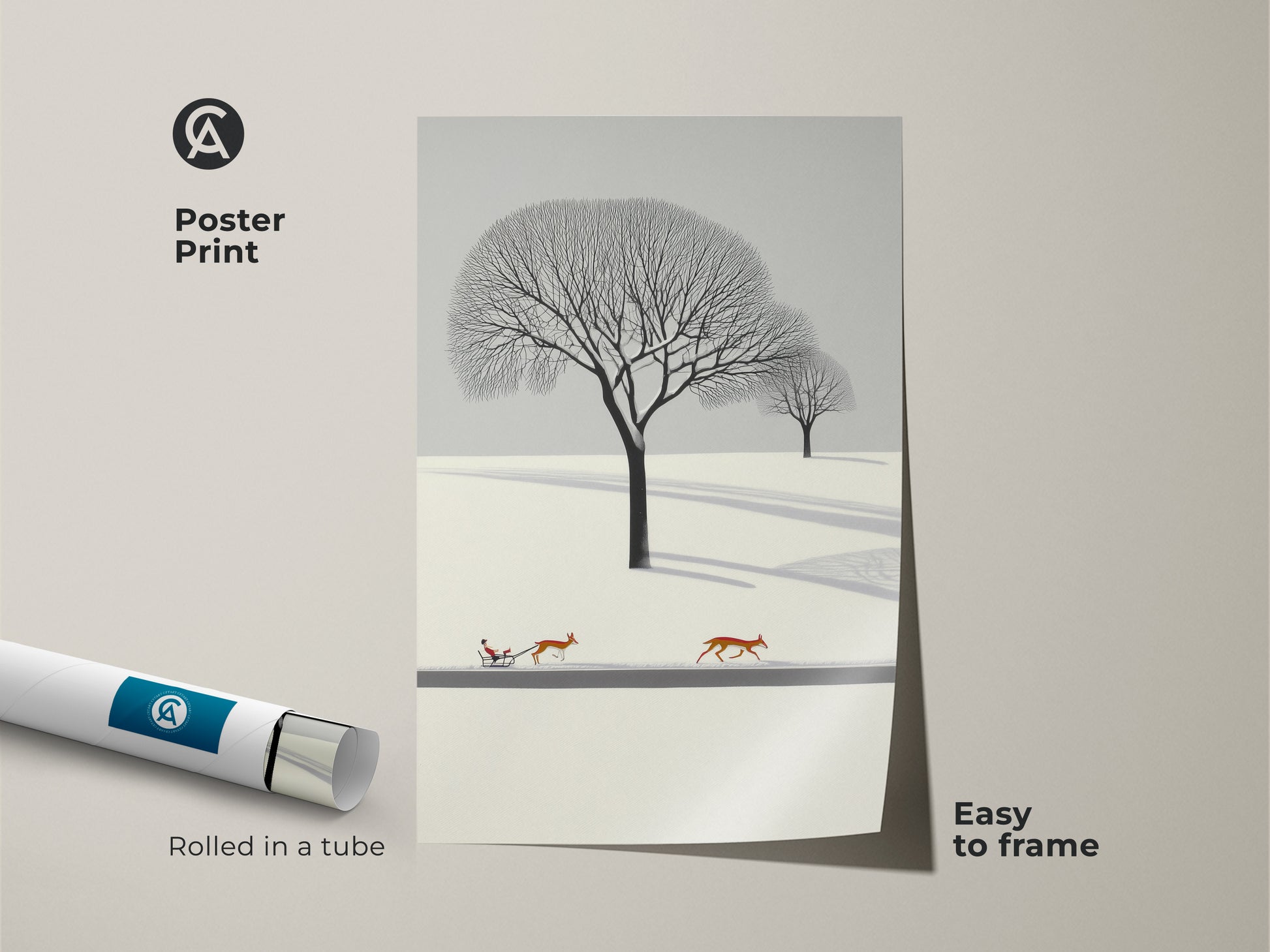 Poster print of a minimalist winter landscape wall art. This artwork features deer pulling a sleigh. The Scandinavian nature artwork is cozy bedroom wall decor. A Christmas gift for nature lovers.  The winter scene art print has a flat design. This snow landscape canvas uses Nordic style home decor.