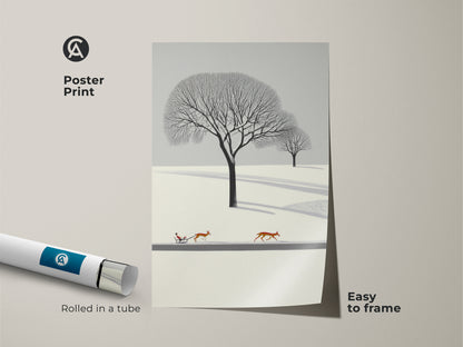 Poster print of a minimalist winter landscape wall art. This artwork features deer pulling a sleigh. The Scandinavian nature artwork is cozy bedroom wall decor. A Christmas gift for nature lovers.  The winter scene art print has a flat design. This snow landscape canvas uses Nordic style home decor.