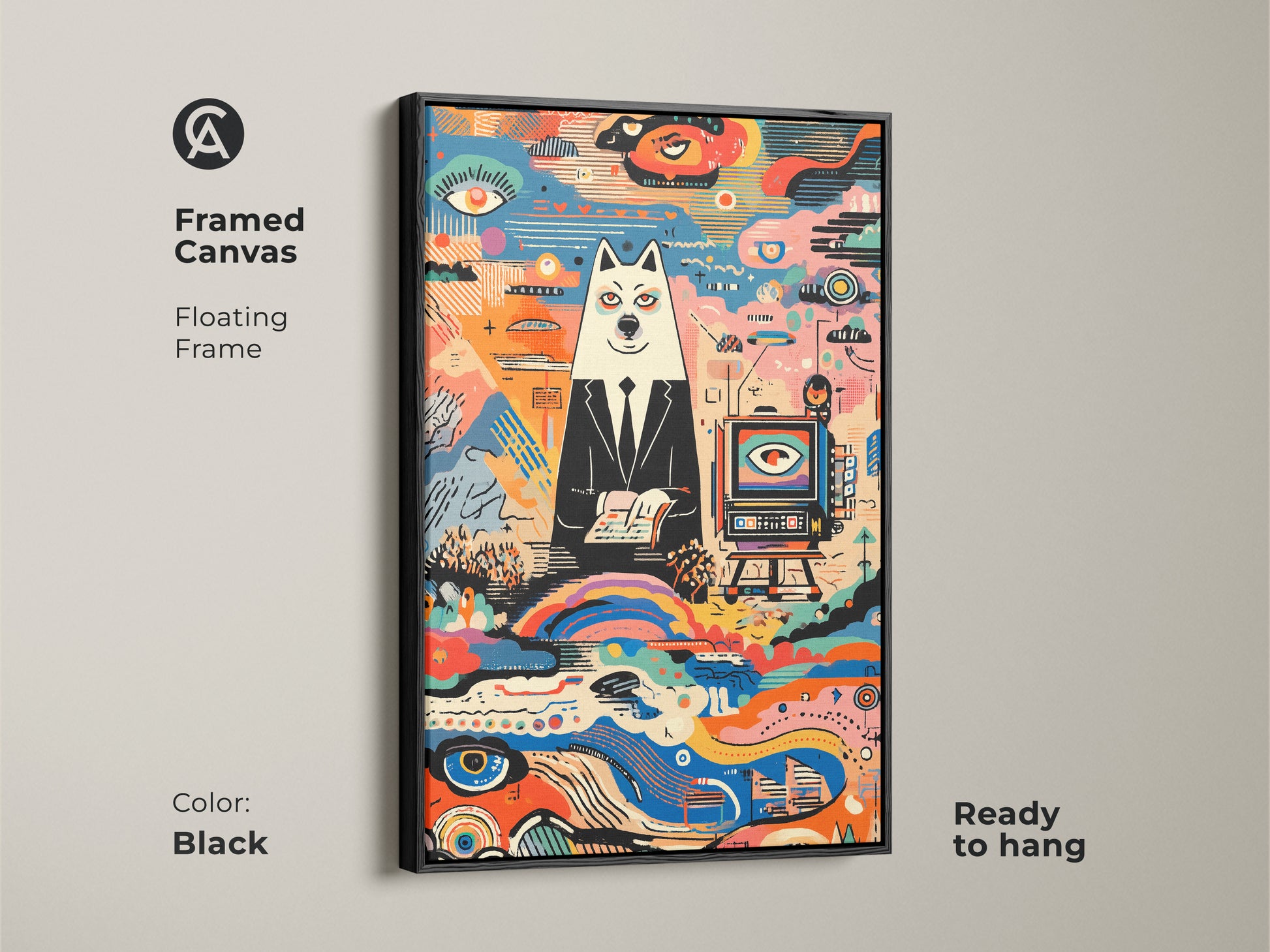 Black framed canvas of an abstract dog in a suit. Floating frame gives a modern look. Ready to hang for your office or home decor. Features eclectic surreal and colorful animal artwork.