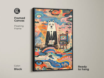 Black framed canvas of an abstract dog in a suit. Floating frame gives a modern look. Ready to hang for your office or home decor. Features eclectic surreal and colorful animal artwork.