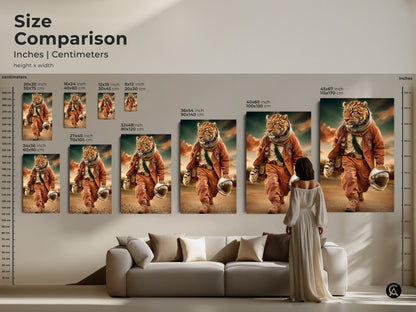 Size comparison for the leopard astronaut artwork. The measurements are in inches and centimeters. It is available in a range of sizes. This digital art canvas print is a unique home gift idea and is ready to hang. This surreal space adventure print is also perfect for office.