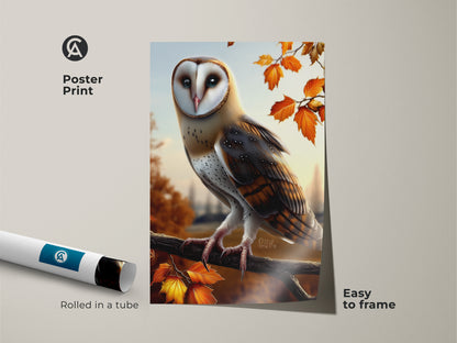 Poster print of a realistic barn owl artwork rolled in a tube. This autumn maple leaf canvas print is easy to frame. Ideal rustic woodland animal decor for bird lovers. Adds nature inspired art.