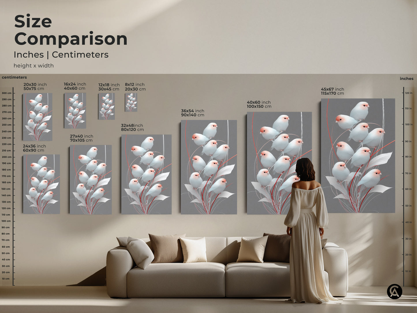 Size comparison of Scandinavian bird art inches and centimeters. Minimalist finch art in various sizes displayed above a sofa. Pink and gray botanical artwork shown as a focal point making it a housewarming gift. Modern folk art decor and delicate bird art creating an inviting space.