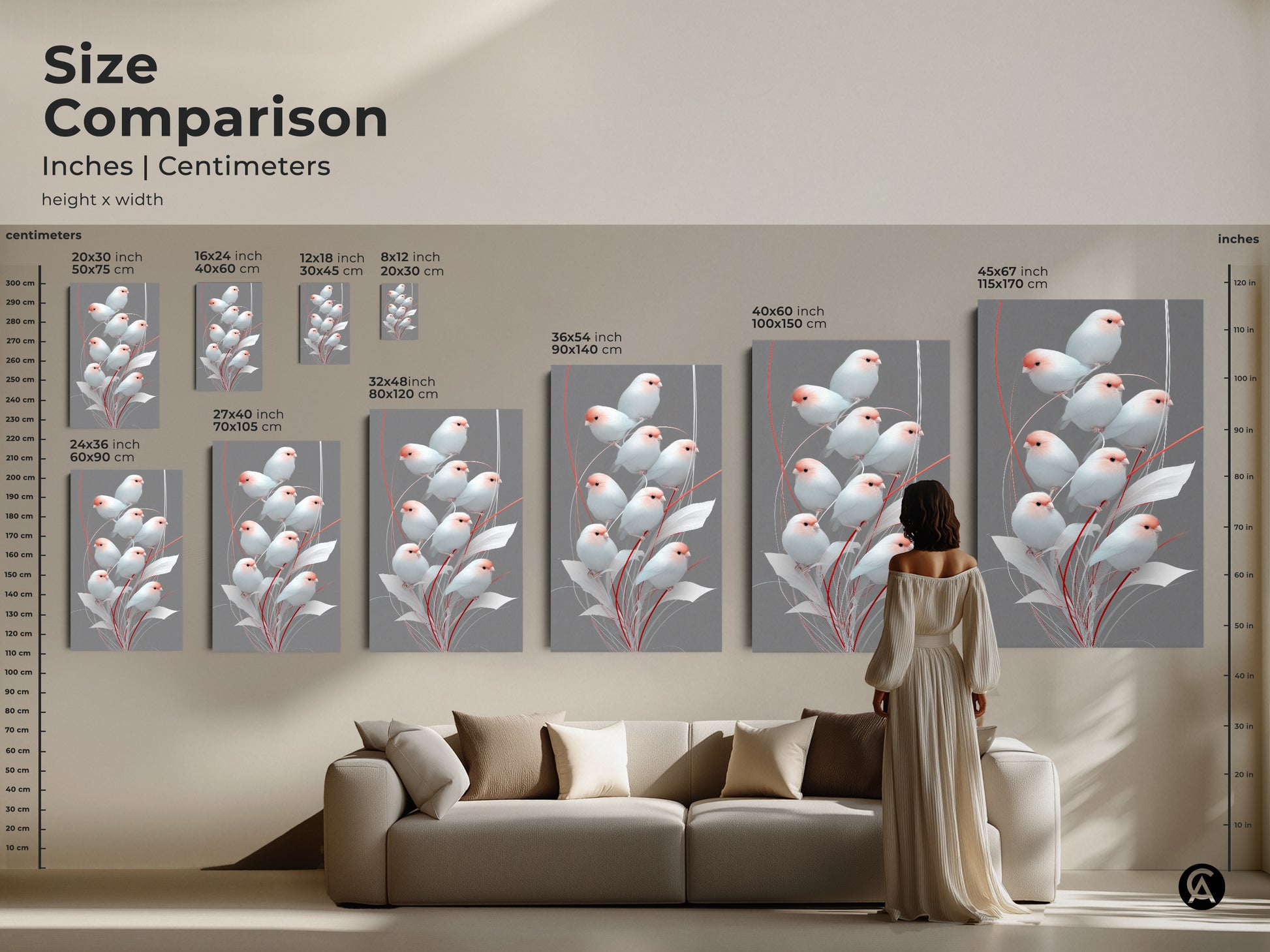 Size comparison of Scandinavian bird art inches and centimeters. Minimalist finch art in various sizes displayed above a sofa. Pink and gray botanical artwork shown as a focal point making it a housewarming gift. Modern folk art decor and delicate bird art creating an inviting space.