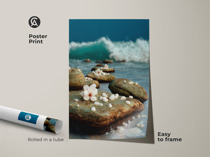 Coastal beach scene poster print showcasing beach rocks with cherry blossoms. A teal ocean wave provides a calming backdrop. This nature-inspired print is easy to frame. Great as bedroom wall art.