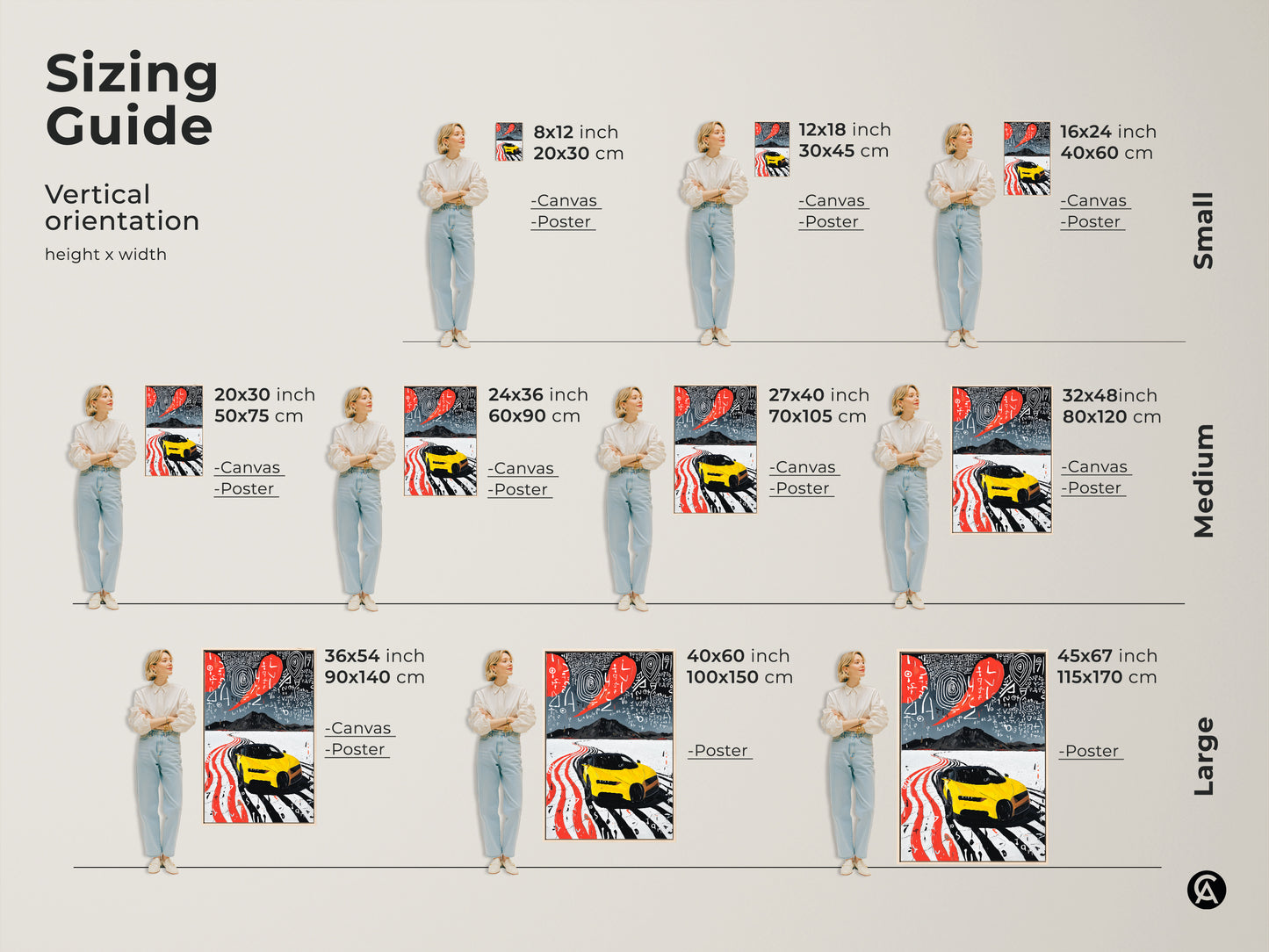 Find your perfect fit with our sizing guide for this modern yellow sports car art. Visualize canvas and poster options in various vertical sizes. Ideal abstract road trip wall decor for any space. This is a perfect gift for car enthusiasts looking for something unique.