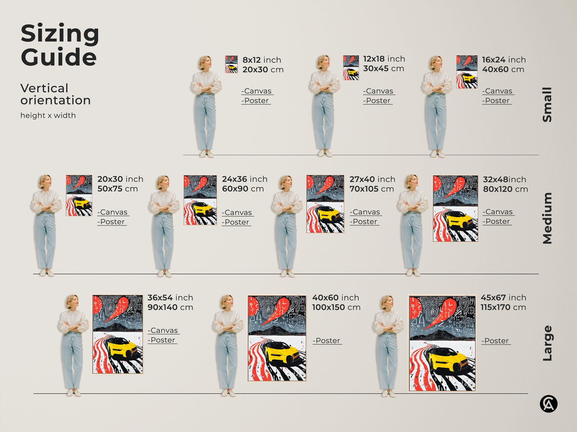 Find your perfect fit with our sizing guide for this modern yellow sports car art. Visualize canvas and poster options in various vertical sizes. Ideal abstract road trip wall decor for any space. This is a perfect gift for car enthusiasts looking for something unique.