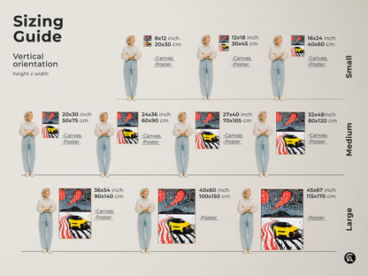 Find your perfect fit with our sizing guide for this modern yellow sports car art. Visualize canvas and poster options in various vertical sizes. Ideal abstract road trip wall decor for any space. This is a perfect gift for car enthusiasts looking for something unique.