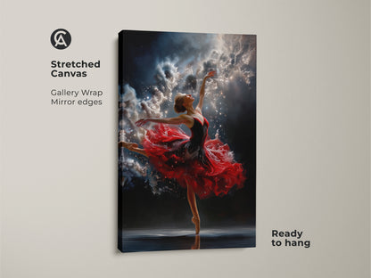 Stretched canvas print of a ballerina. Gallery wrapped with mirrored edges. The artwork is ready to hang. The ballerina wears a red dress and dances against a night sky.