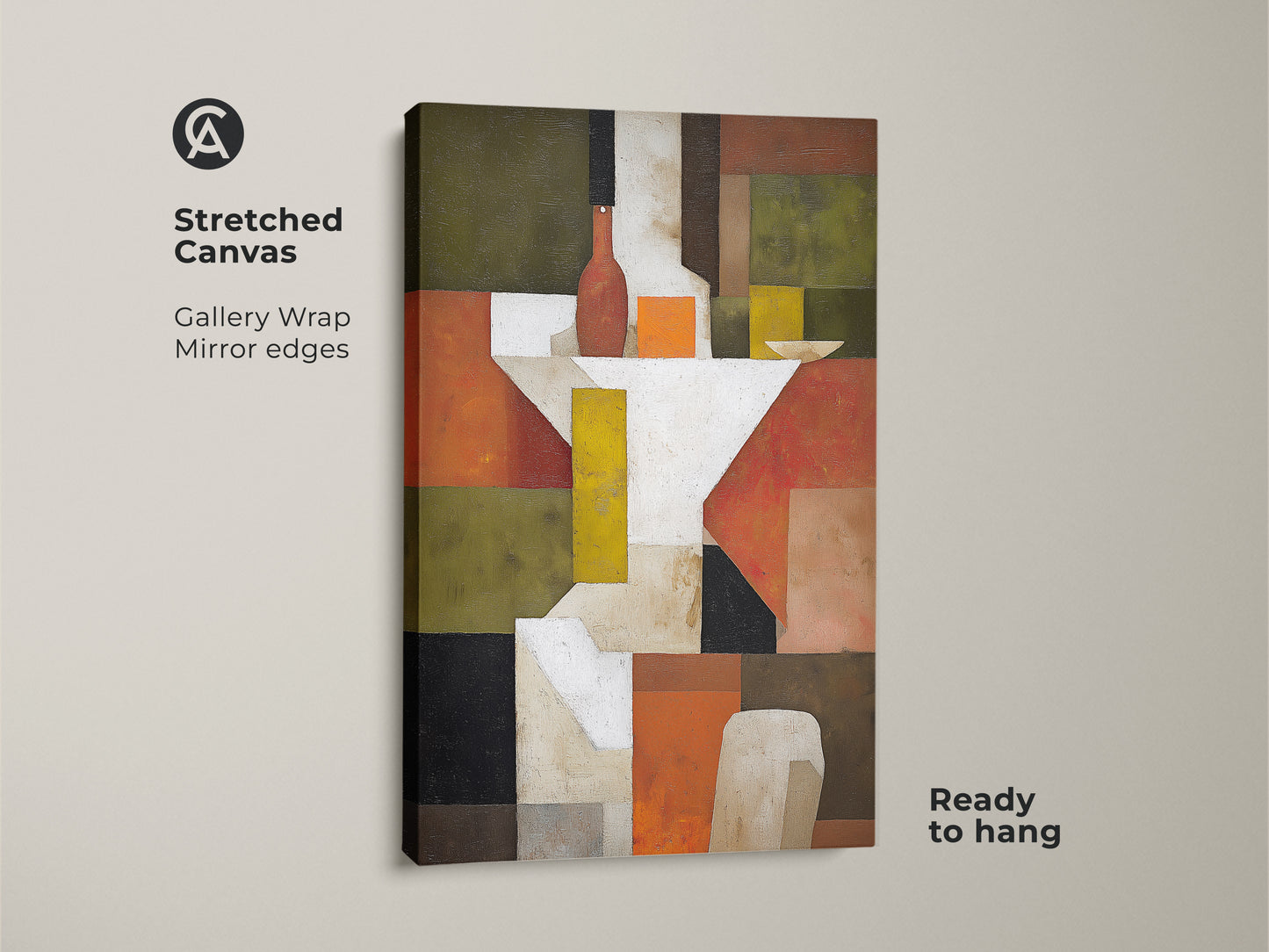 Elevate your space with this stretched canvas abstract still life artwork. The gallery wrap features mirror edges. The terracotta and olive green tones bring Mid-Century Modern flair. This geometric art print is ready to hang and enjoy.