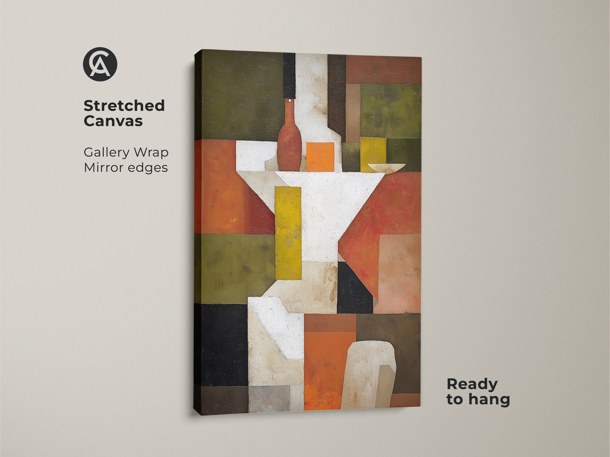 Elevate your space with this stretched canvas abstract still life artwork. The gallery wrap features mirror edges. The terracotta and olive green tones bring Mid-Century Modern flair. This geometric art print is ready to hang and enjoy.