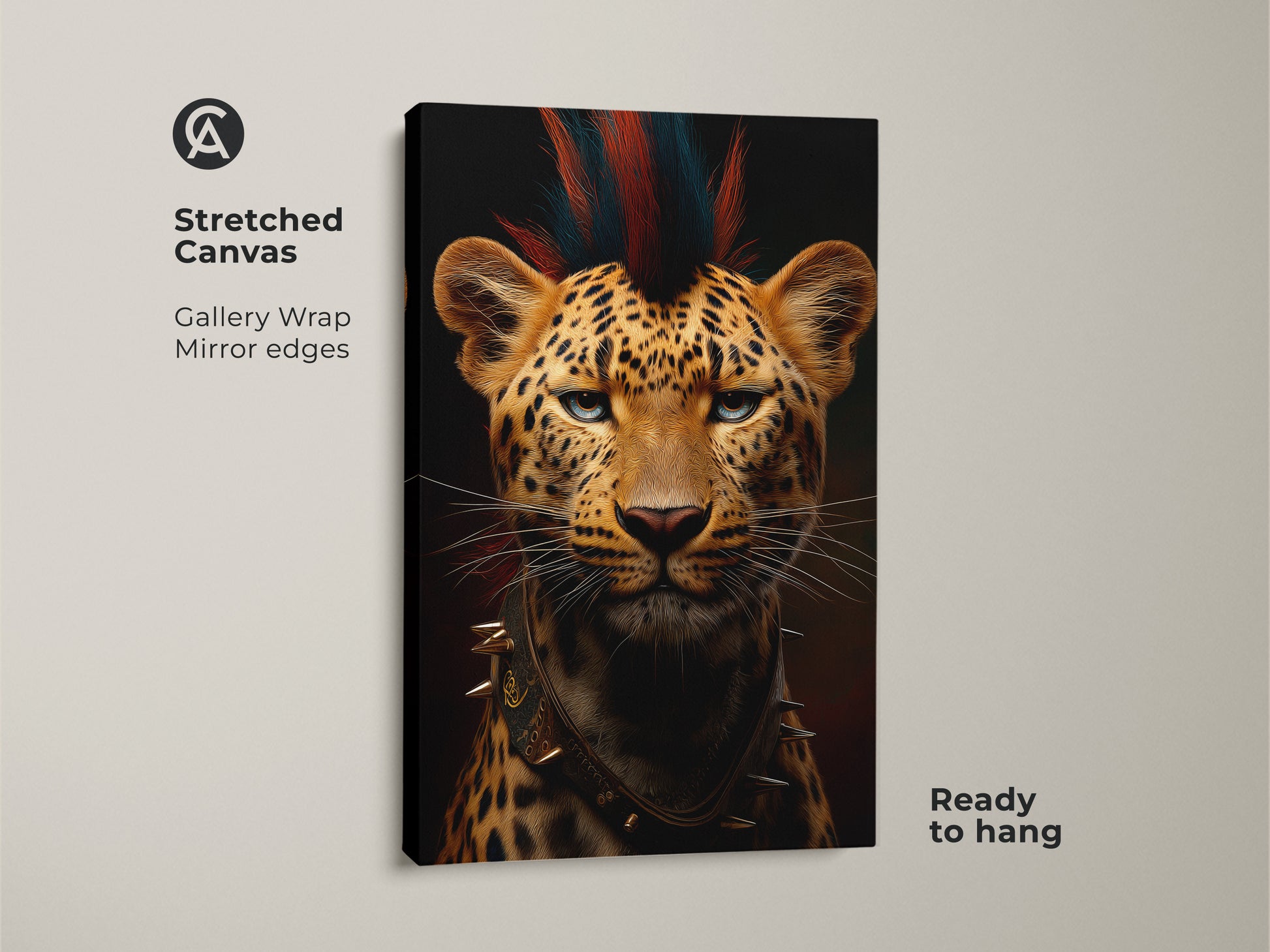 Close-up of the punk rock leopard art on a stretched canvas with gallery wrap and mirror edges. Ready to hang this wildlife portrait canvas makes a cool animal lover gift. Its gothic animal wall art adds modern style to any office decor. Showcasing an orange brown animal print ideal for eclectic home decor.