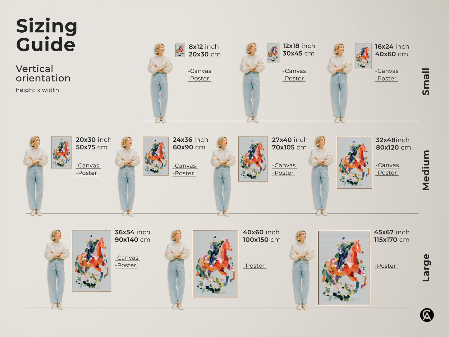 Sizing Guide for Vertical Abstract Horse Art. Available in small medium and large sizes. Perfect as equestrian wall decor. Choose canvas or poster prints to fit your space. Find the perfect size for your home office bedroom or living room. Transform your decor with this vibrant horse art.