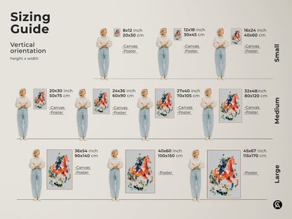 Sizing Guide for Vertical Abstract Horse Art. Available in small medium and large sizes. Perfect as equestrian wall decor. Choose canvas or poster prints to fit your space. Find the perfect size for your home office bedroom or living room. Transform your decor with this vibrant horse art.