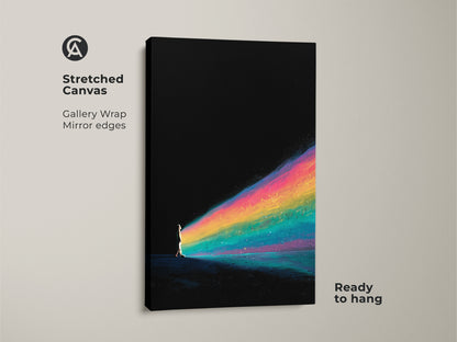 Transform your space with this abstract rainbow art print on canvas. This surreal scene shows a person walking towards a black background with a vibrant rainbow. This contemporary artwork is ready to hang. The gallery wrap has mirror edges and is great as modern home art.