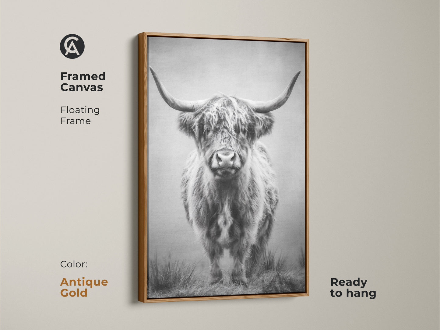 Antique gold framed canvas art showcases a Highland cow. This monochrome bull print enhances your entryway wall art. Ready to hang farmhouse animal wall decor adds a touch of rustic charm.