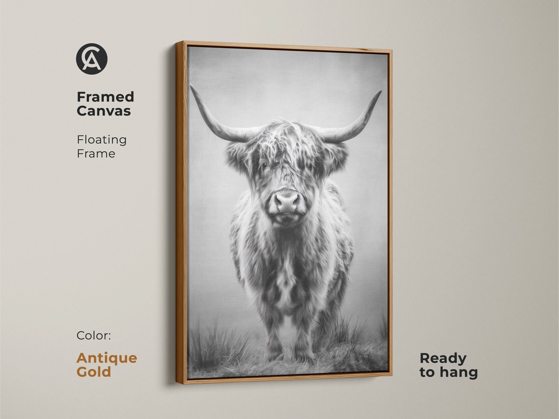 Antique gold framed canvas art showcases a Highland cow. This monochrome bull print enhances your entryway wall art. Ready to hang farmhouse animal wall decor adds a touch of rustic charm.