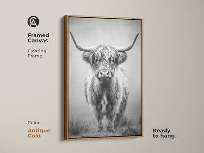 Antique gold framed canvas art showcases a Highland cow. This monochrome bull print enhances your entryway wall art. Ready to hang farmhouse animal wall decor adds a touch of rustic charm.