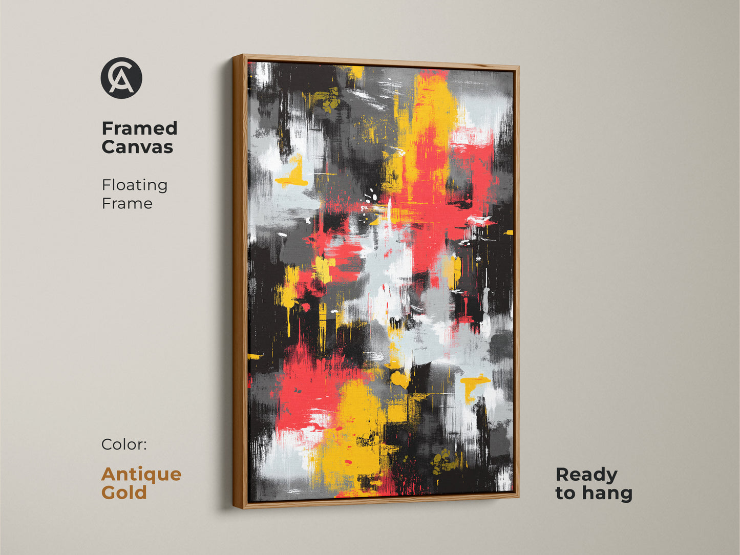 Framed canvas art featuring an abstract painting with an antique gold floating frame. The contemporary artwork includes bold strokes of red yellow and black. Ready to hang this modern art piece adds a stylish touch to your home.
