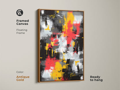 Framed canvas art featuring an abstract painting with an antique gold floating frame. The contemporary artwork includes bold strokes of red yellow and black. Ready to hang this modern art piece adds a stylish touch to your home.