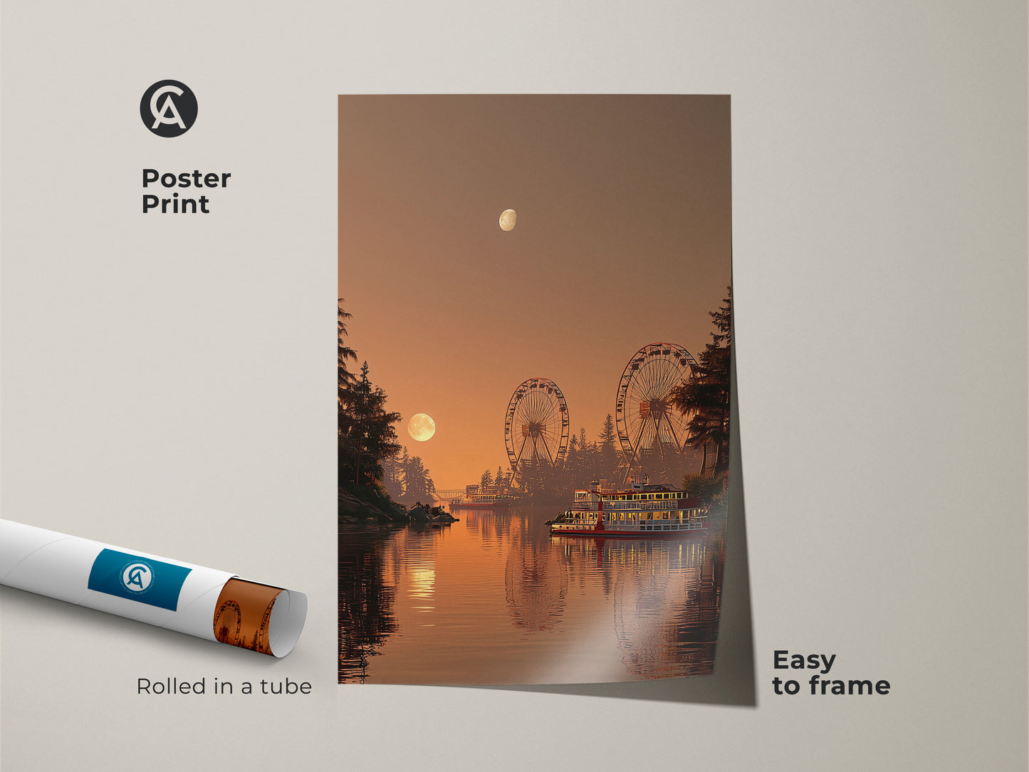 Poster print of a retro amusement park scene rolled in a tube. This easy to frame artwork captures a sunset with ferris wheels and a steamboat. Ideal travel themed wall decor for a nostalgic home.
