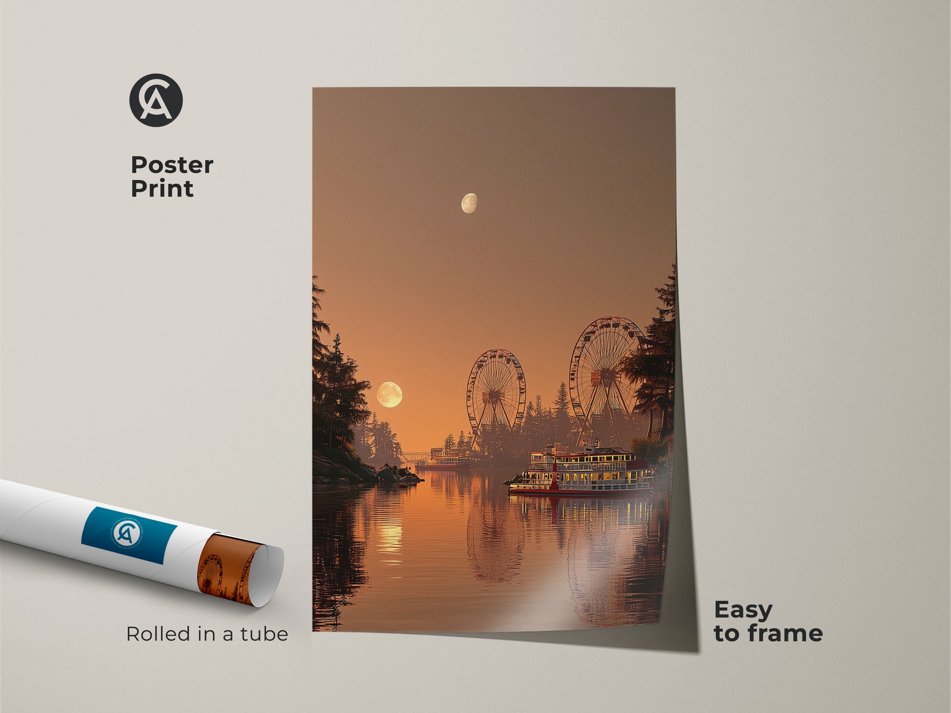 Poster print of a retro amusement park scene rolled in a tube. This easy to frame artwork captures a sunset with ferris wheels and a steamboat. Ideal travel themed wall decor for a nostalgic home.