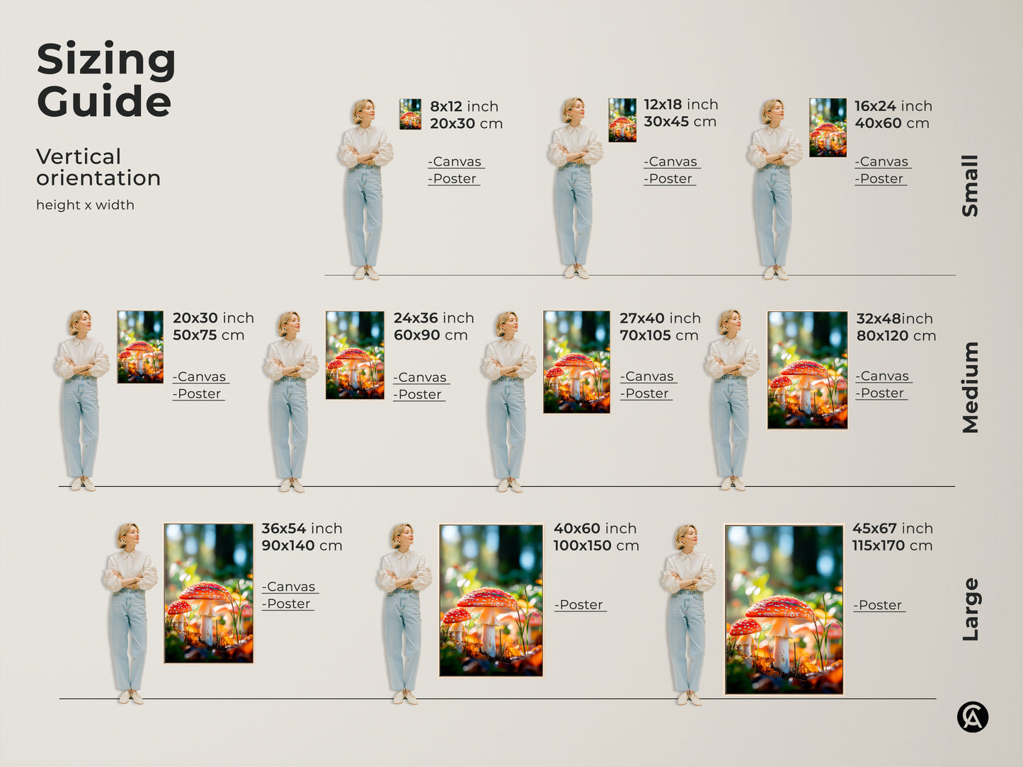 Mushroom art print sizing guide. Vertical orientation height x width.  Available in small medium and large sizes. Canvas and poster options are available. Find the perfect size for your space.