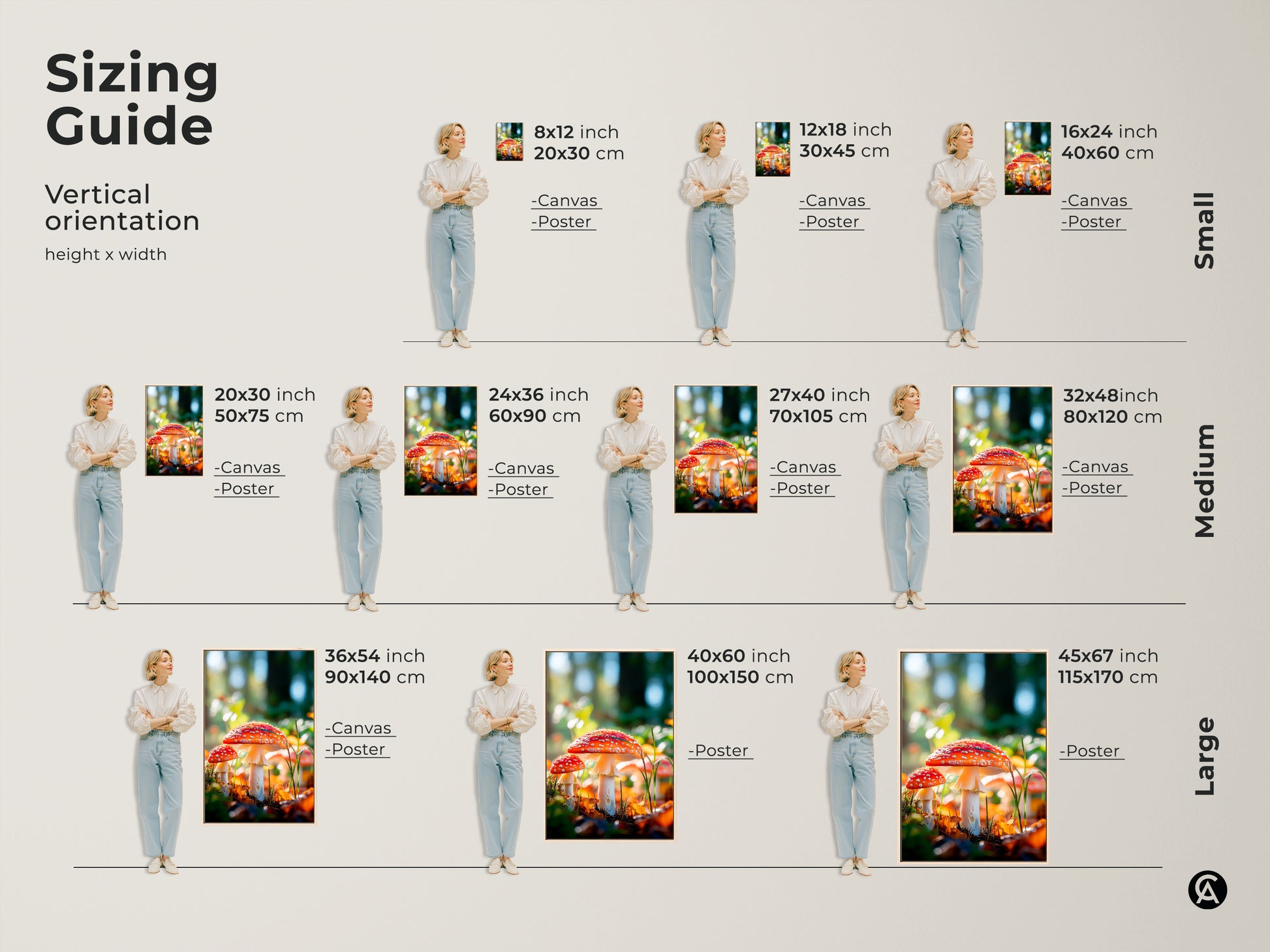 Mushroom art print sizing guide. Vertical orientation height x width.  Available in small medium and large sizes. Canvas and poster options are available. Find the perfect size for your space.
