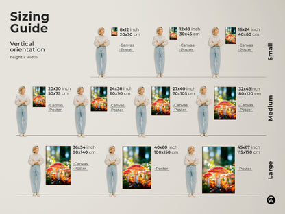 Mushroom art print sizing guide. Vertical orientation height x width.  Available in small medium and large sizes. Canvas and poster options are available. Find the perfect size for your space.