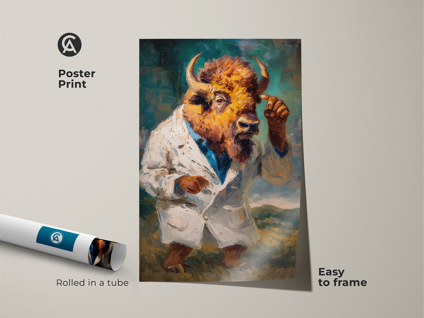 Poster print of a buffalo head figure wearing a lab coat. This museum-quality paper print is easy to frame. It comes rolled in a tube for protection. Add this unique piece to your art collection today.