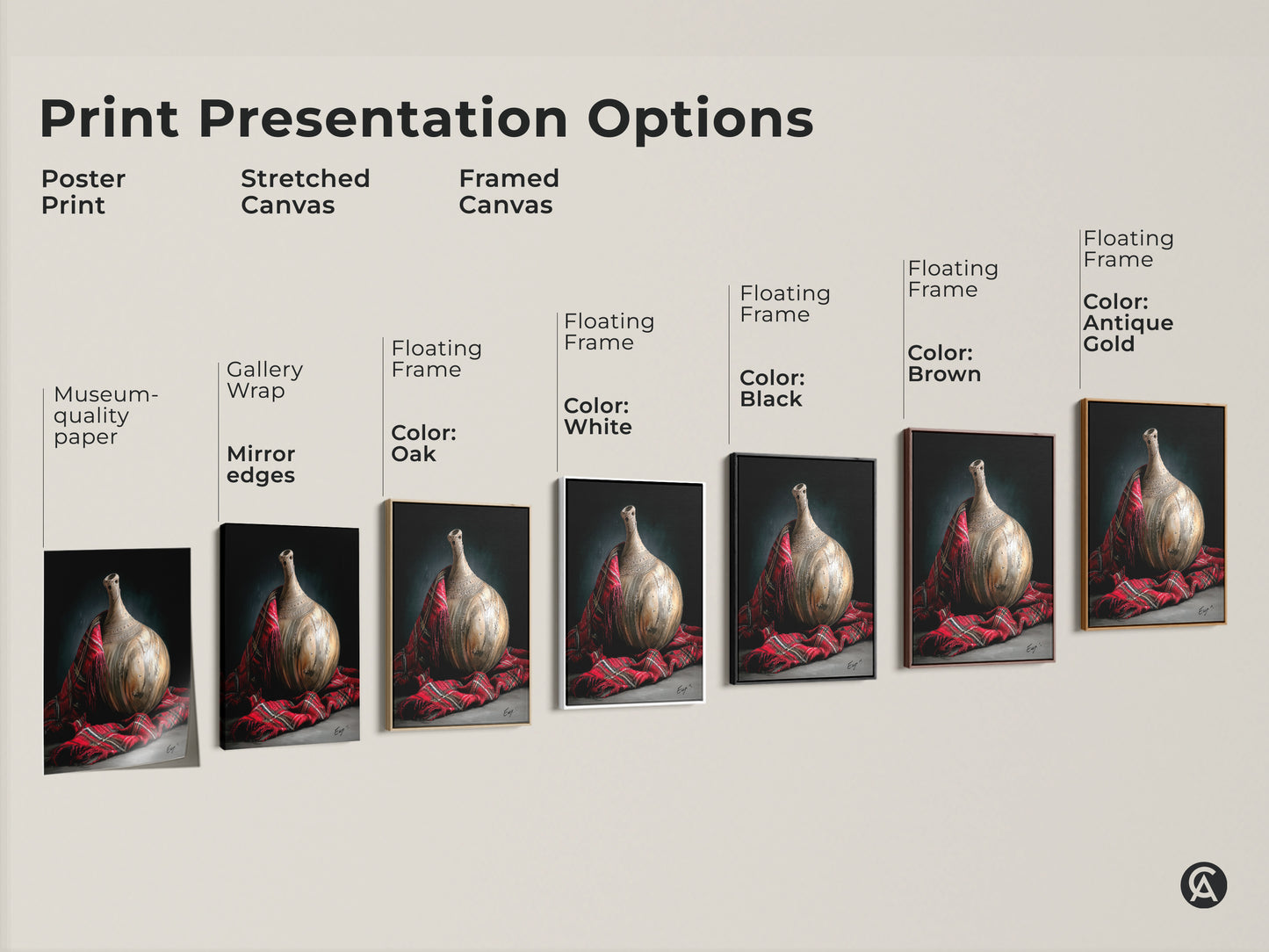 Explore print presentation options for realistic still life art including posters stretched canvas and framed canvas prints. Choose the perfect format to display this artisanal pottery and red plaid fabric artwork.