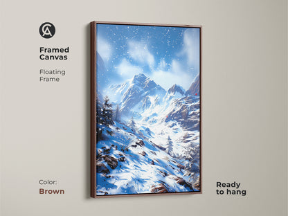 Brown framed canvas of winter mountain landscape art. This snowy mountain range print has a floating frame. Ready to hang blue and white artwork for a cozy home. Perfect rustic gift for winter sports fans.