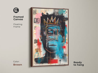 Framed canvas featuring Basquiat-inspired artwork with a brown floating frame. The blue face with a crown stands out. The canvas is ready to hang. This piece adds a modern touch to any space. Perfect for art collectors. Shop now for museum-quality canvas art.