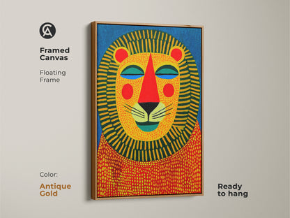 Framed canvas of a stylized lion face. The floating frame comes in antique gold. This modern folk art print adds a unique touch to any room. The blue and yellow art is perfect for nursery wall decor.