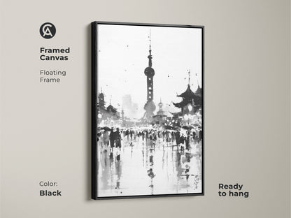 Framed canvas art print of the Shanghai skyline. Black and white artwork featuring the Oriental Pearl Tower. The floating frame is black color. This canvas is ready to hang and enjoy.