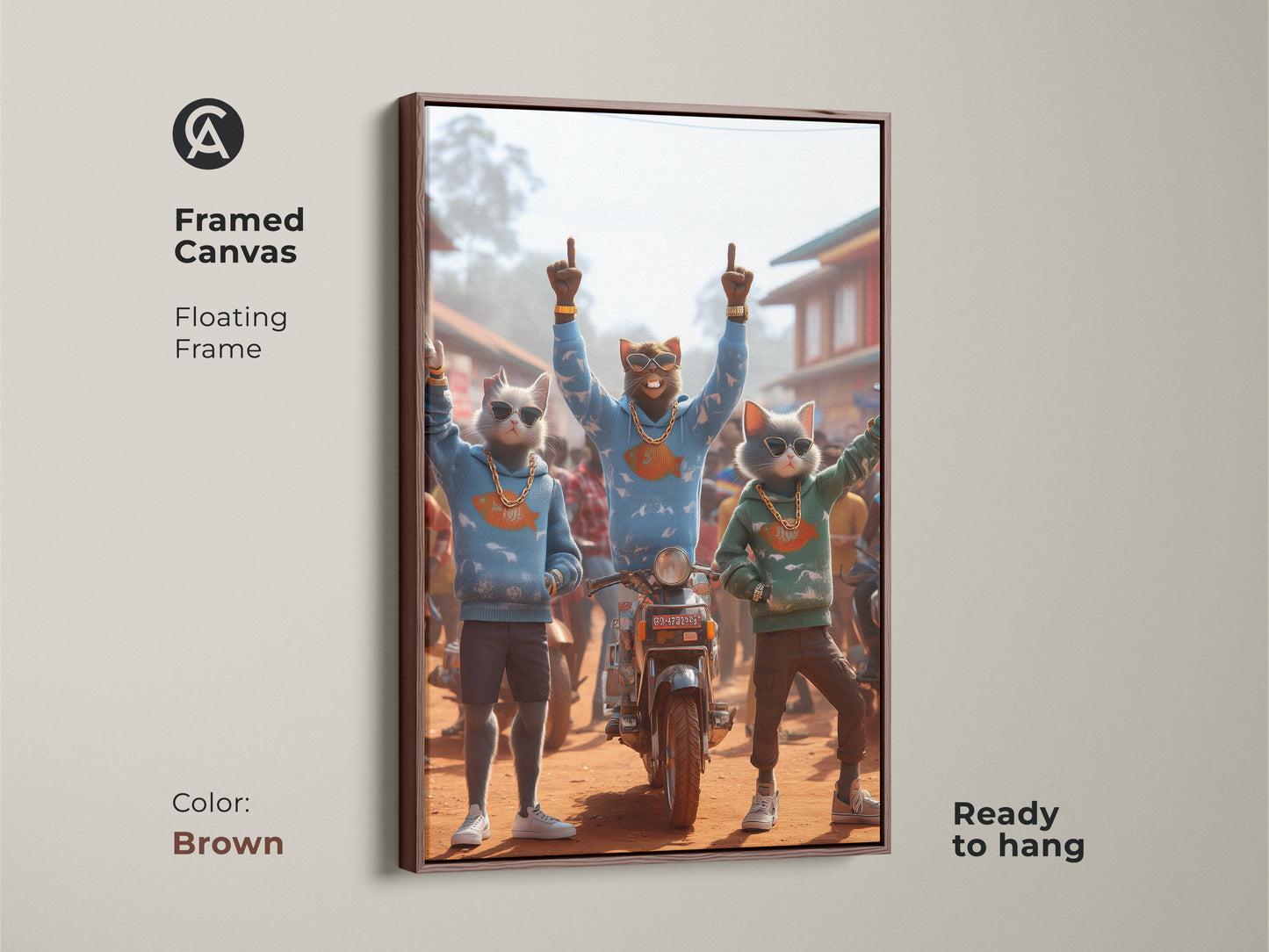 Framed canvas art in a floating frame featuring three cat characters. They are in hoodies and gold chains. The artwork is ready to hang. The brown frame provides a classic look. This unique piece will complement any room.